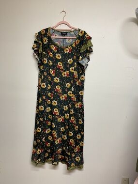 Perceptions Dark Green Floral Maxi Dress with Ruffle Sleeves